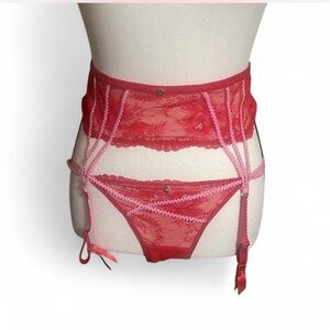 Adore Me Suki Panty/Garter Set Sz Various Red/Pink Lace Straps Feminine Bikini